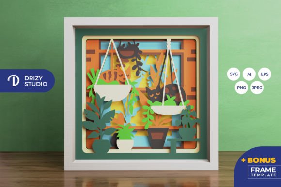 Cat on Hanging Potted Plants 3D Shadow Box